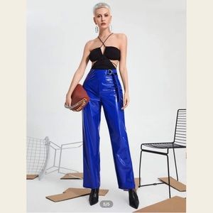 Pants u0026 Jumpsuits | Royal Blue Solid High Waist Buckled Pu Leather Pants |  Poshmark